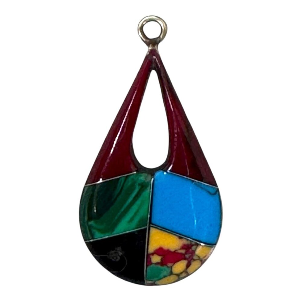 Vtg Native American Sterling Silver Multi Gemstone Drop Pendant Teardrop Inlay
